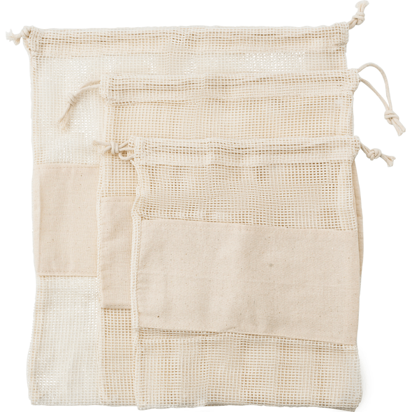 Set of three reusable cotton mesh produce bags