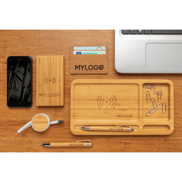 Organizer da scrivania con ricarica wireless Frame (legno, Legno di bambù,  330g) come gadget personalizzati su