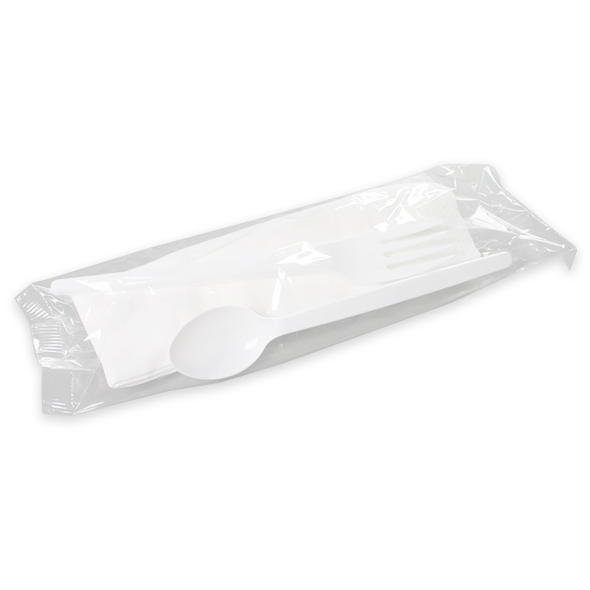 Bustina di plastica con forchetta + cucchiaino da dessert + tovagliolo Bustina di plastica con forchetta + cucchiaino da dessert + tovagliolo