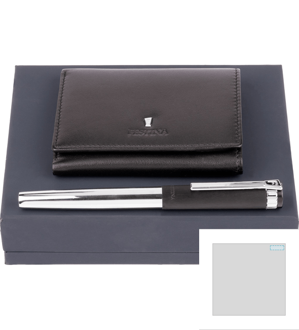 Conjunto Titular do cartão com três dobras Classicals Black + Caneta Rollerball Prestige Chrome Black - Festina™ Conjunto Titular do cartão com três dobras Classicals Black + Caneta Rollerball Prestige Chrome Black - Festina™