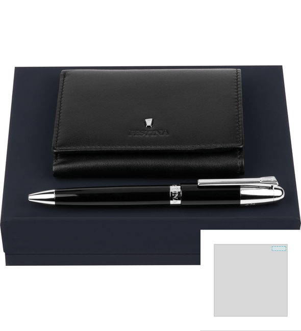 Classicals Black Trifold Card Holder + Classicals Chrome Black Ballpoint Pen Set - Festina™